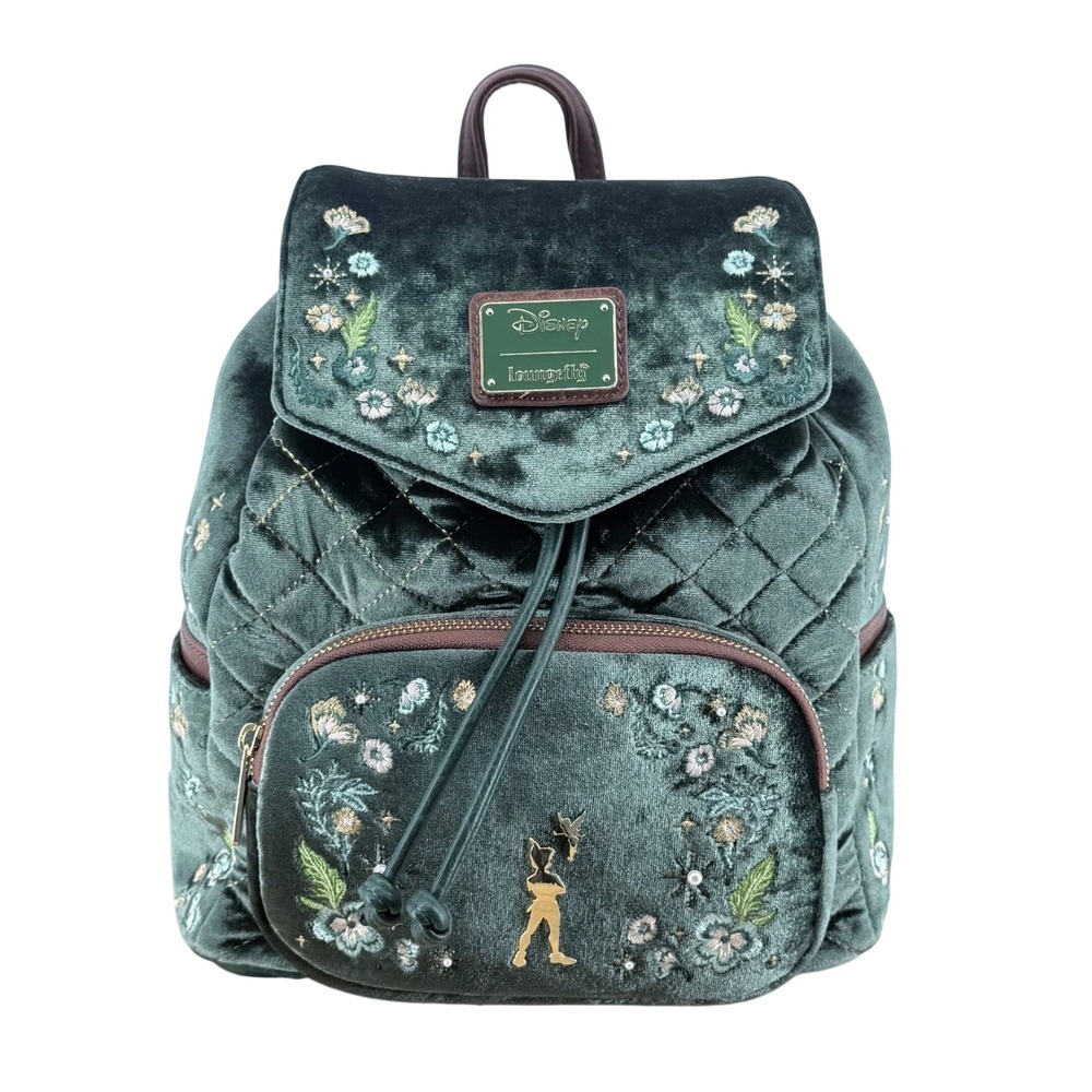 Disney Loungefly Peter Pan Tinker Bell Forest Green Velvet Floral Mini Backpack - Picture 1 of 5